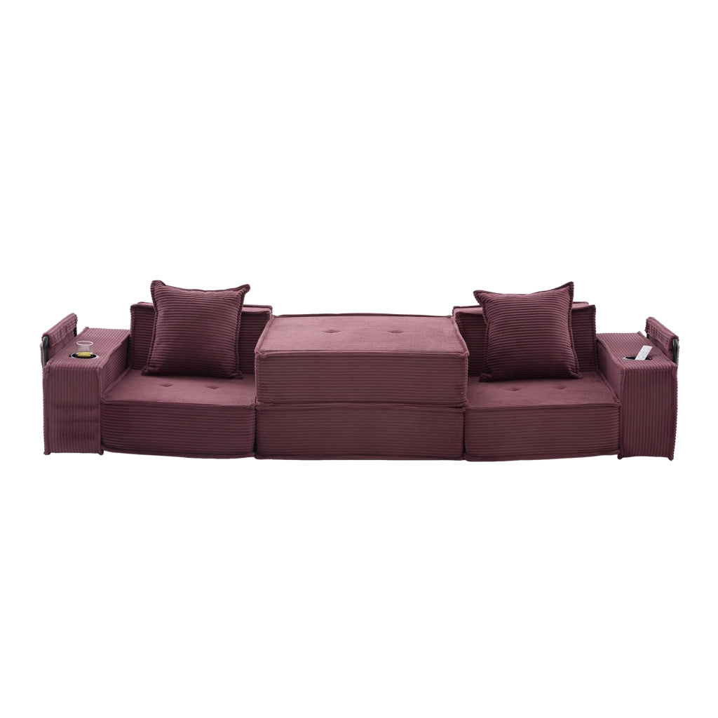 Pouf divano 2 posti in velluto a coste, colore wine red, con 2 cuscini e tasche laterali