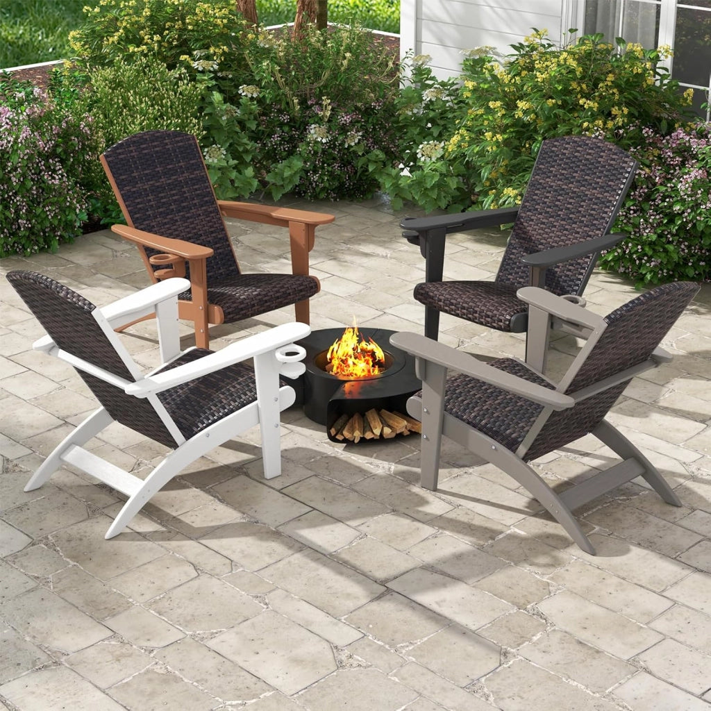 Sedia Adirondack da Patio, Sedia in Rattan con Seduta Imbottita, Braccioli Ergonomici, Porta Tazza Rotante, Poltrona da Lounge in HDPE per Esterni per Giardino, Cortile, Terrazza (Nero)