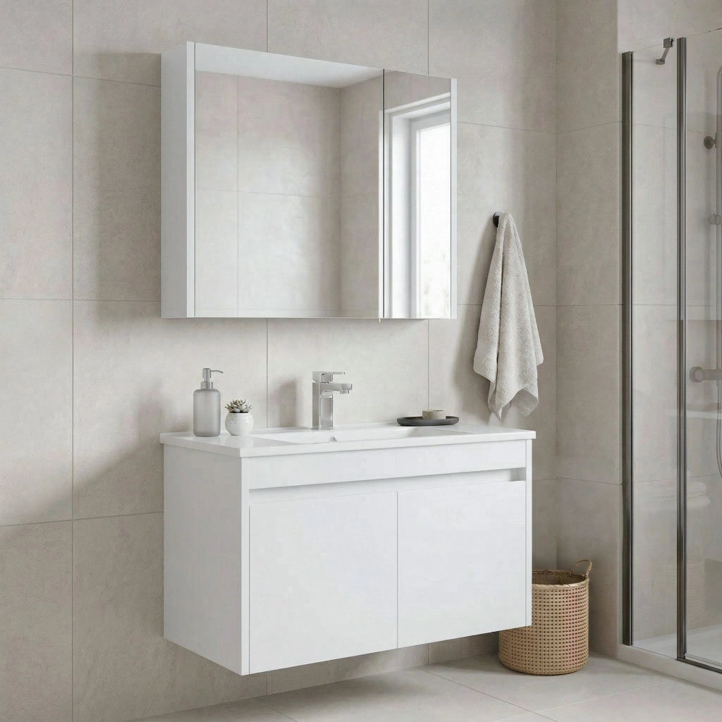 Set mobile lavabo con specchio (2 pezzi) "Arno 85" - 85 x 45 x 52 cm - Bianco