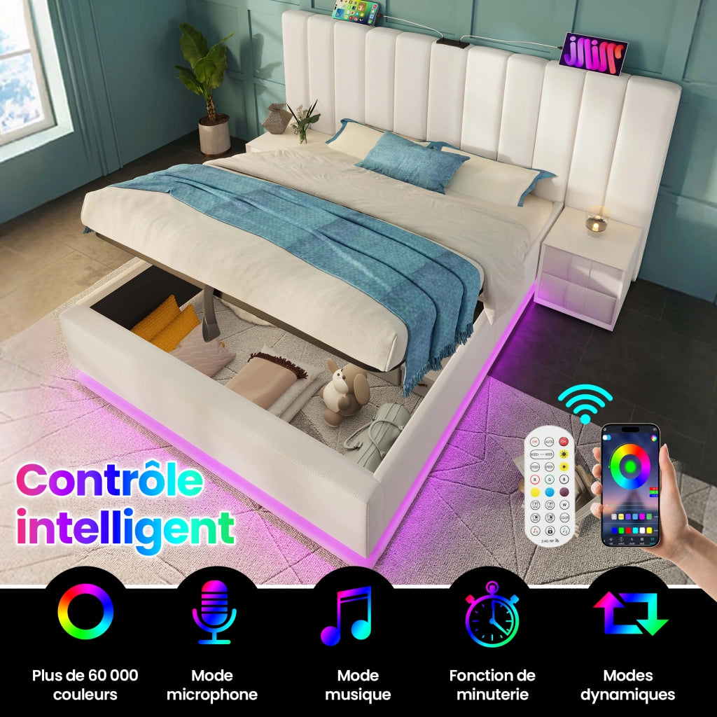 Letto Contenitore Letto Matrimoniale con USB; Tipo C e LED Regolabile 180×200 cm; senza Materasso; PU