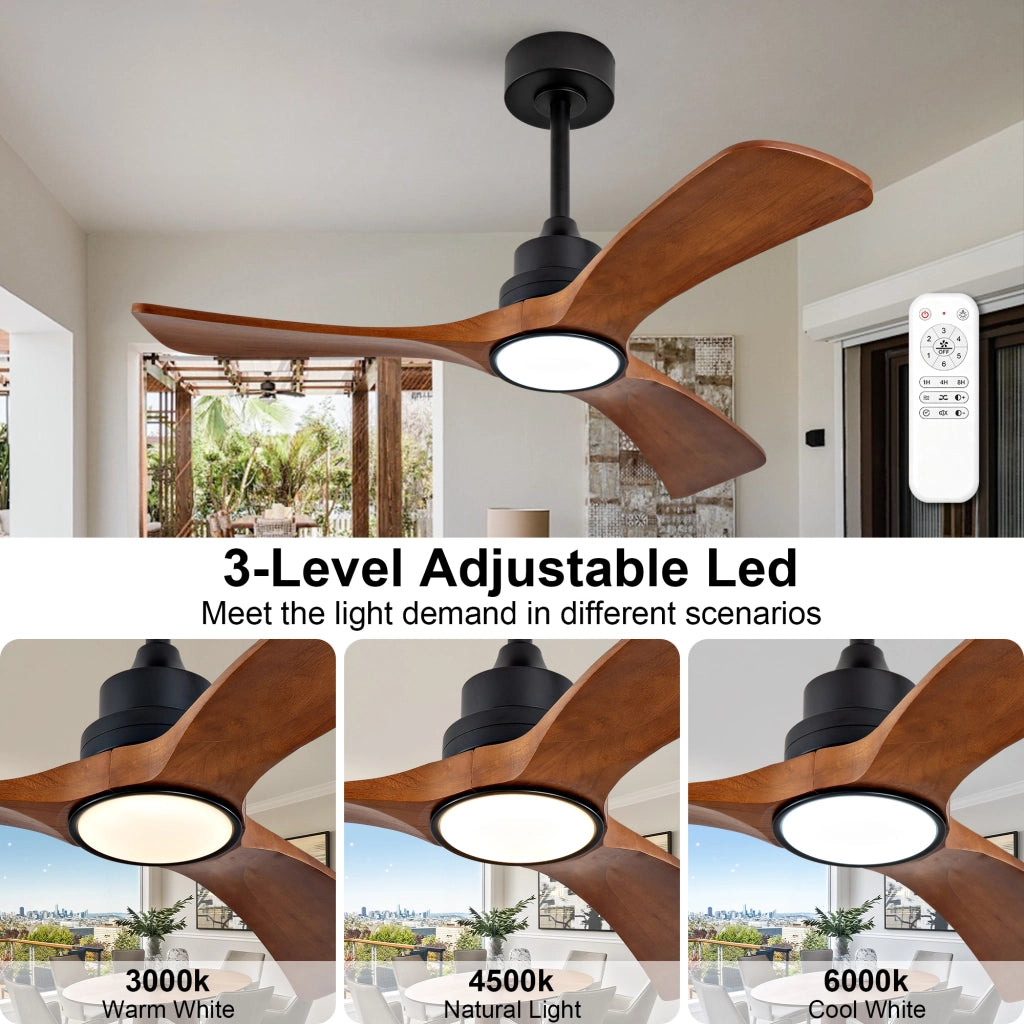 Ventilatore da soffitto 42 pollici con illuminazione, 3 pale legno massello, telecomando e wifi, motore DC silenzioso reversibile, moderno