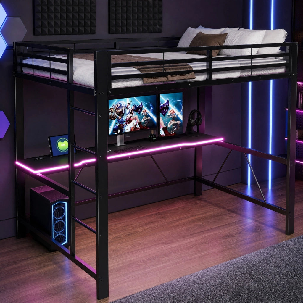 Letto a soppalco 140x200 cm con scrivania; LED e stazione di ricarica USB in metallo e MDF; nero