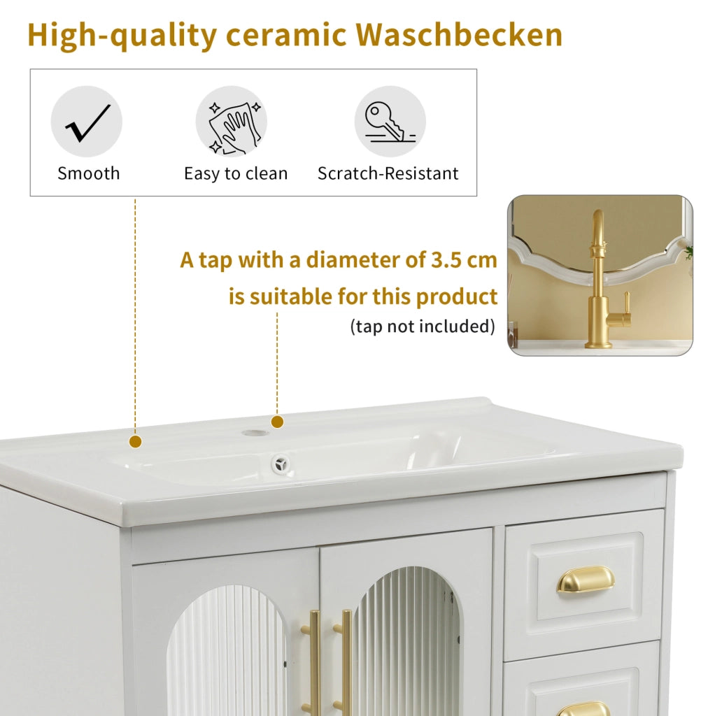 Mobile bagno con lavabo 80 cm, 2 ante, 3 cassetti, MDF, bianco
