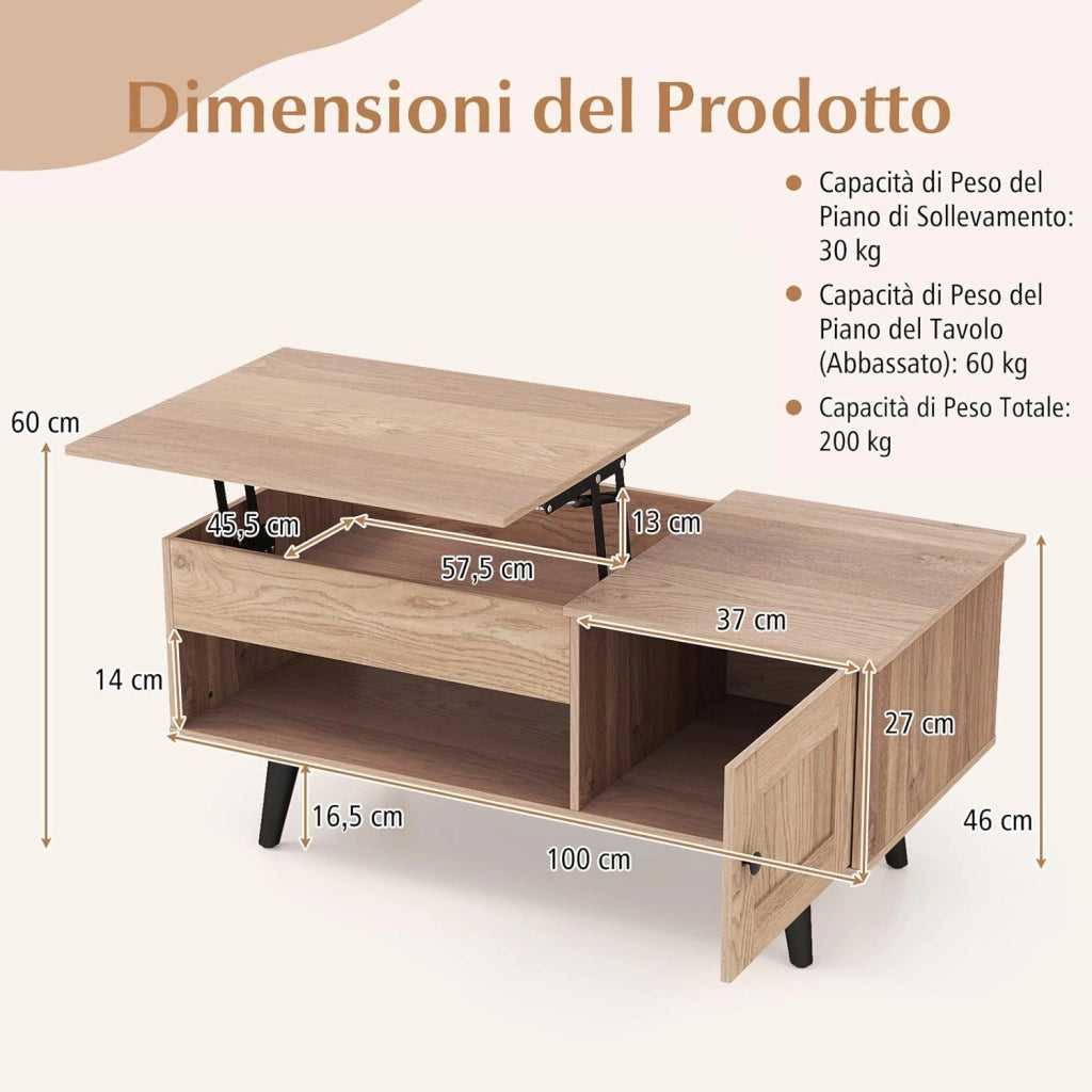 Tavolino da Caffè con Piano Sollevabile e Ripostiglio, Tavolino da Salotto con Armadietto, Comparto Nascosto e Mensola Aperta, Tavolino da Studio e Ufficio, 100 x 50 x 46 cm (Legno)