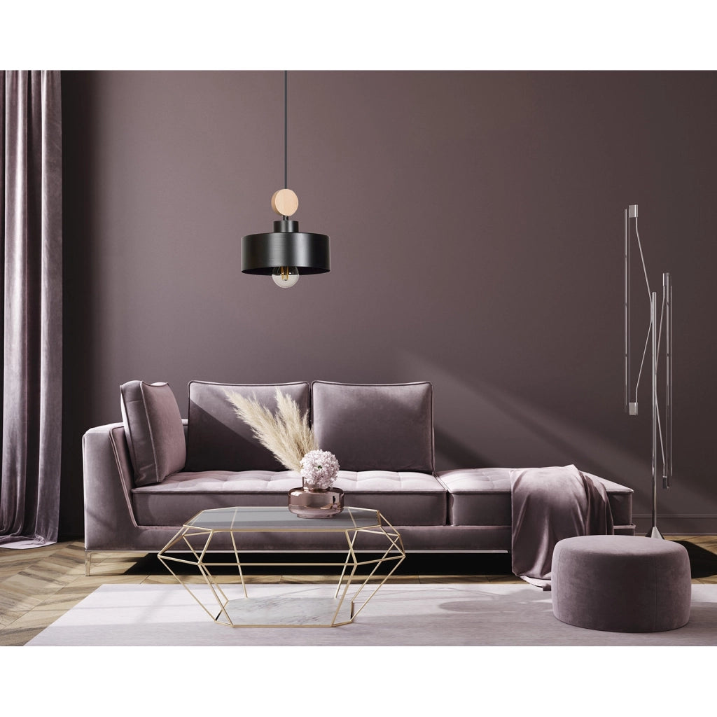 Sospensione 1 Luce Zhurong In Acciaio Nero E Legno Naturale