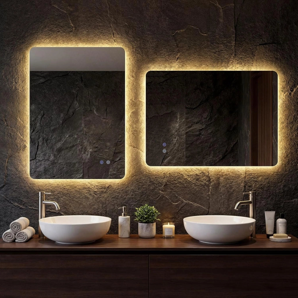 Specchio da Bagno Rettangolare con LED, Specchio da Parete con Luminosità Regolabile, Retroilluminato, Touch Intelligente, Vetro Temperato con Memoria e Anti-Appannamento (80 x 60 x 3 cm)