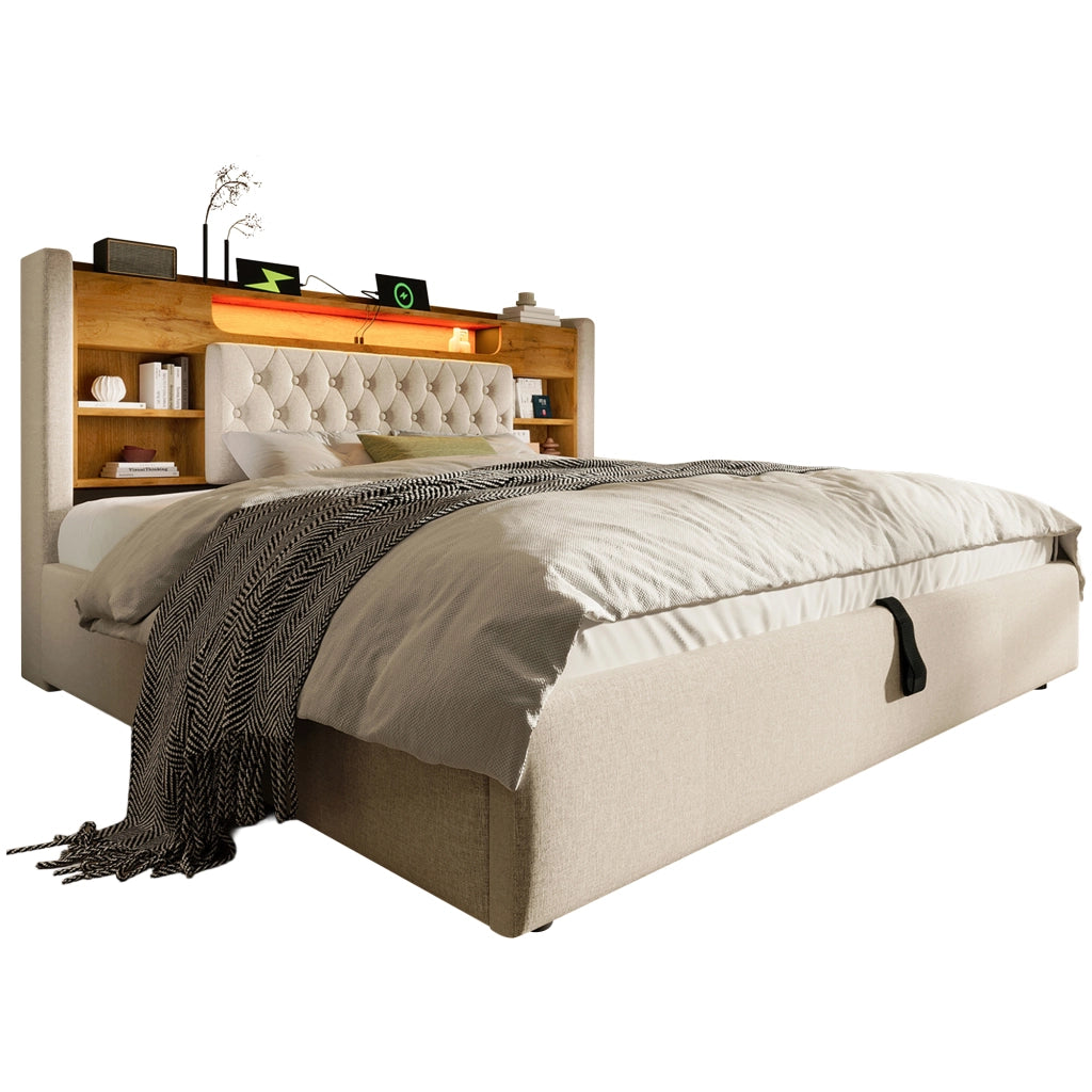Letto Imbottito Contenitore 180x200 con LED e USB ¨C MINIMAL ¨C Beige, Tessuto Lino, Idraulico