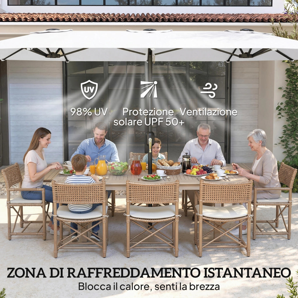 Ombrellone Doppio a 12 Stecche con Manovella, in Metallo e Poliestere, 4.6x2.7 m, Bianco