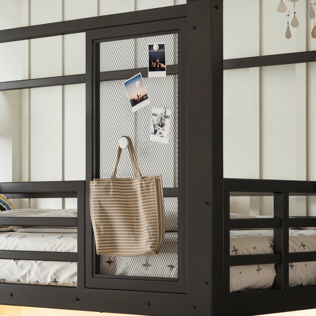 Desviae Letto a soppalco per bambini 90 × 200 cm con scivolo scala LED Bluetooth in metallo nero e ripiani integrati