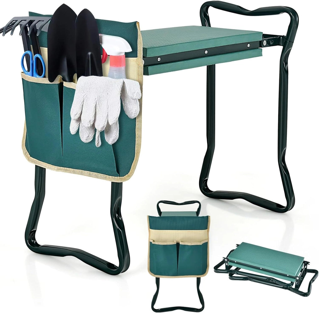 Inginocchiatoio da Giardino 2 in 1 Portatile e Pieghevole, Sgabello da Giardino con Grande Borsa per Attrezzi, Sedile per Giardinaggio per Inginocchiare e Sedere