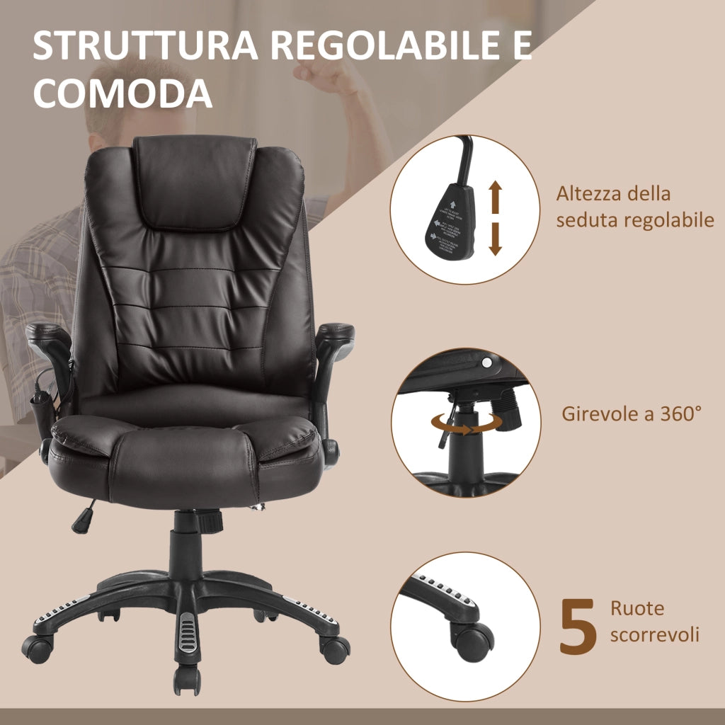 Poltrona Massaggiante da Ufficio ad Altezza Regolabile con 6 Punti Massaggianti, in PU, 62x68x111-121 cm, Marrone