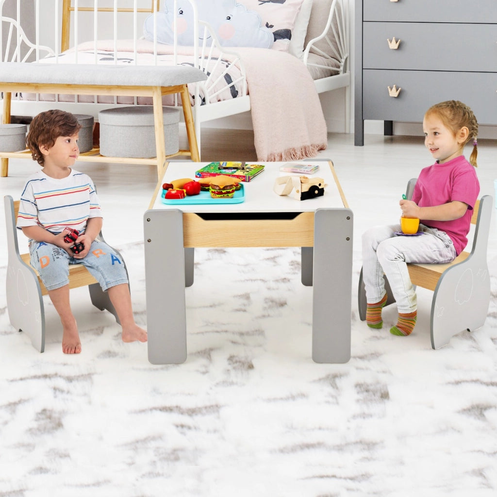Set di tavolo e sedie per bambini con deposito lavagna rimovibile, Set di mobili 3 PCS per ragazzi e ragazze Grigio-Tavoli e sedie