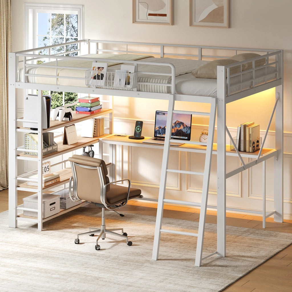 Letto a soppalco 140x200 cm con scrivania; LED e scaffale in MDF e metallo bianco