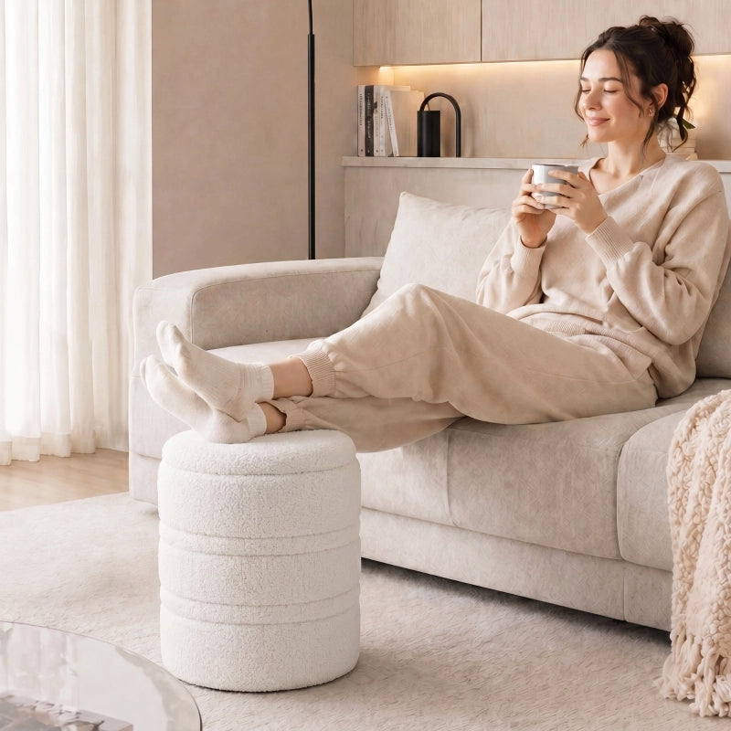 Pouf contenitore Sherpa con coperchio reversibile, sgabello rotondo per soggiorno e camera da letto, bianco