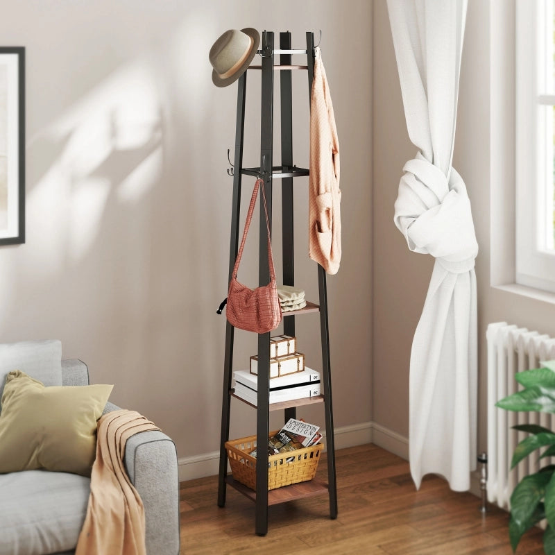 Appendiabiti da terra 2-in-1 con 8 ganci e 4 ripiani, stile industriale, 34,8 x 34,8 x 179 cm, marrone