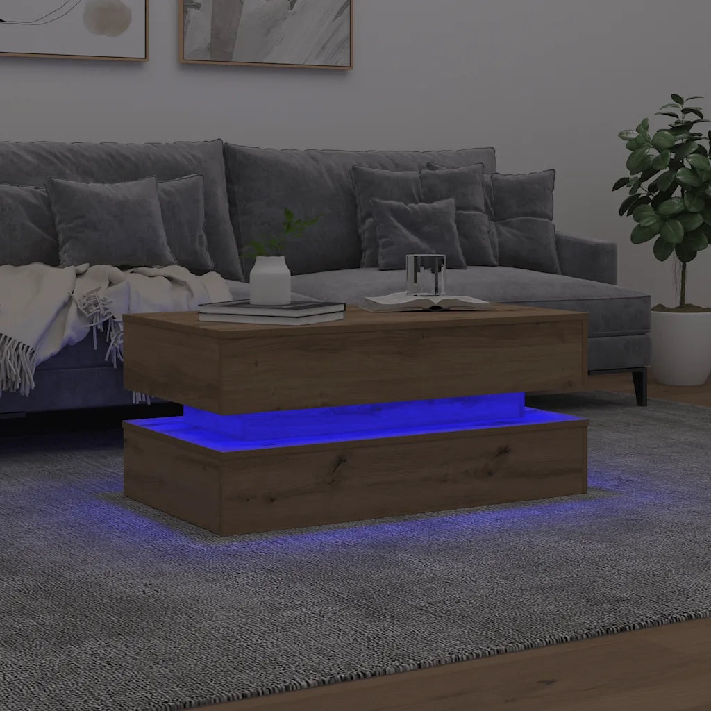 Tavolino da Salotto con Luci LED Rovere Artigianale 90x50x40 cm