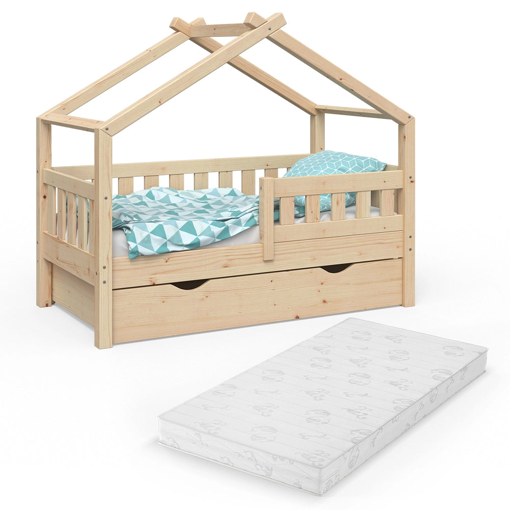 Vitalispa Letto montessori bambini Legno naturale 70x140 cm con cassetto e materasso