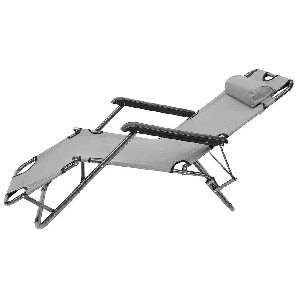 Trade Shop - Sedia A Sdraio Lettino Pieghevole Reclinabile In Metallo Con Poggiatesta Grigio 017055 -