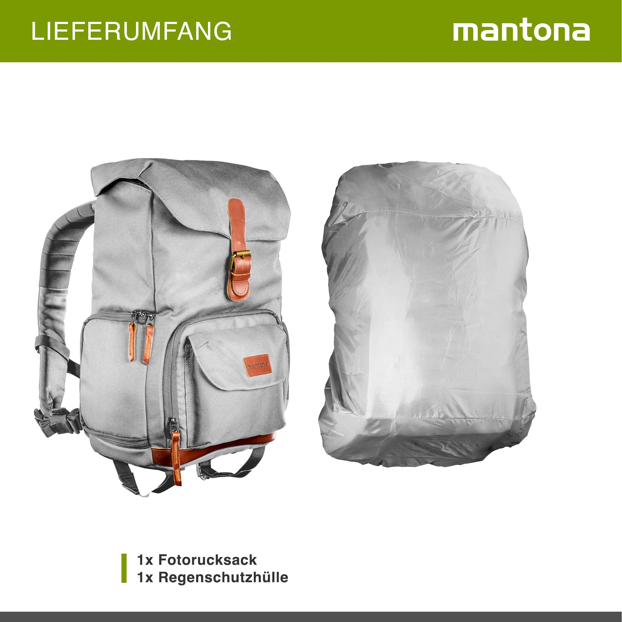 Mantona Luis junior Retro Zaino fotografico grigio, per fotocamera con copertura antipioggia, borsa fotografica con scomparto per laptop, DSLR, 3 obiettivi e accessori fotografici