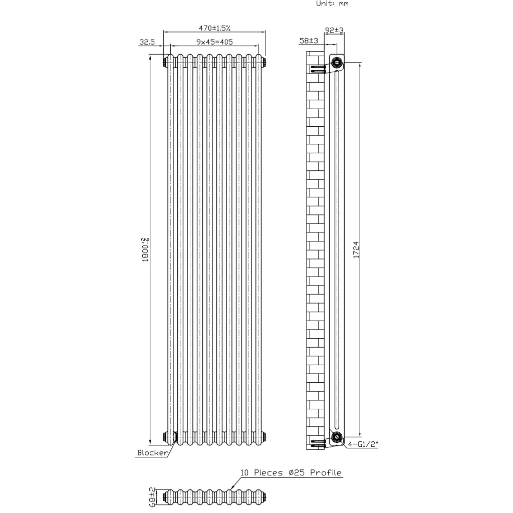 Radiatore 2 Colonne Verticale Metallo Grezzo 1800 x 470 mm TRV