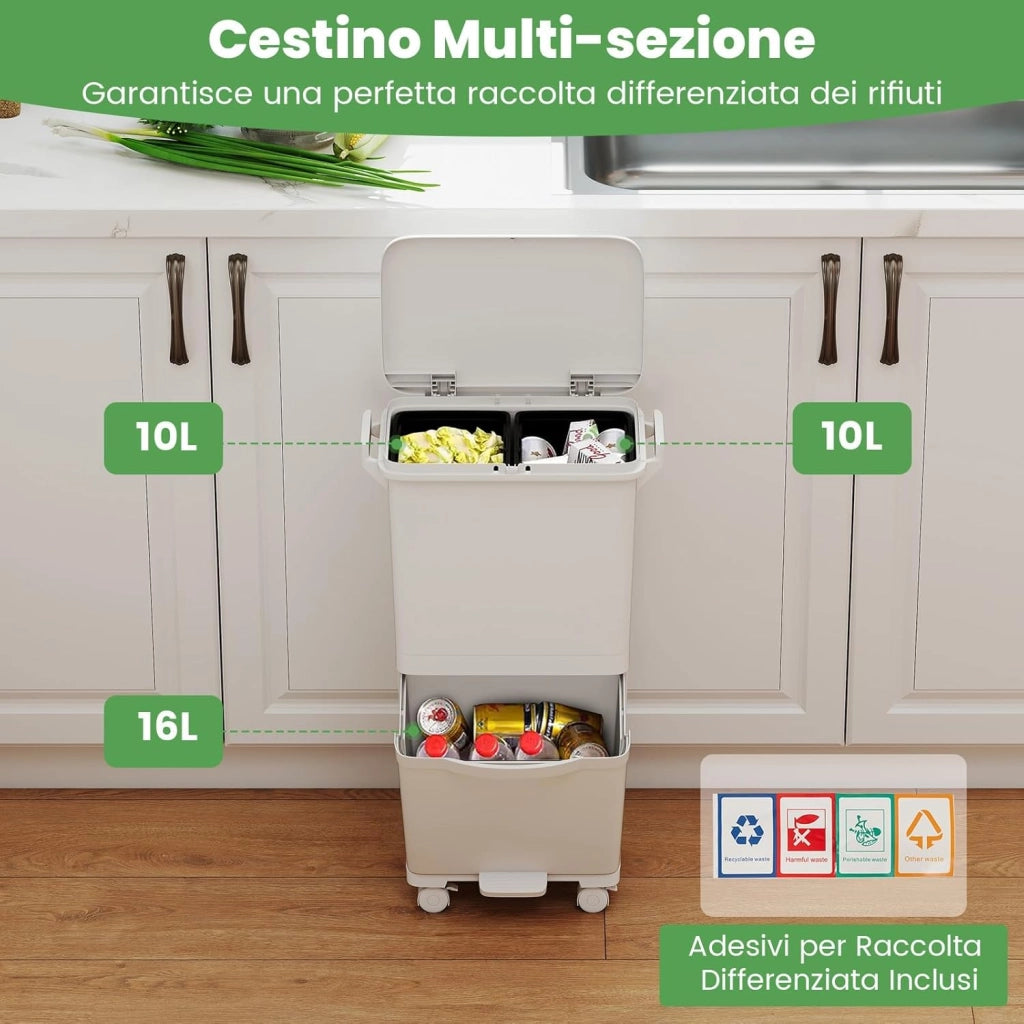 40L Pattumiera Differenziata a 3 Scomparti, Bidone per Spazzatura con Cestino Rimovibile e 4 Ruote, Secchio Rifiuti a Pedale per Cucina Sala da Pranzo Soggiorno (Bianco)
