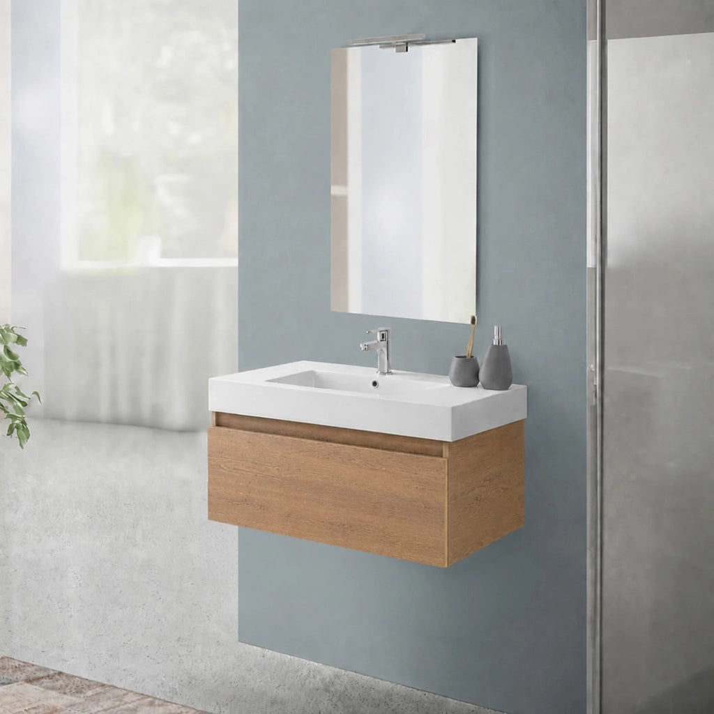 Mobile bagno sospeso 80 cm in rovere naturale con cassetto e lavabo in resina Nadia