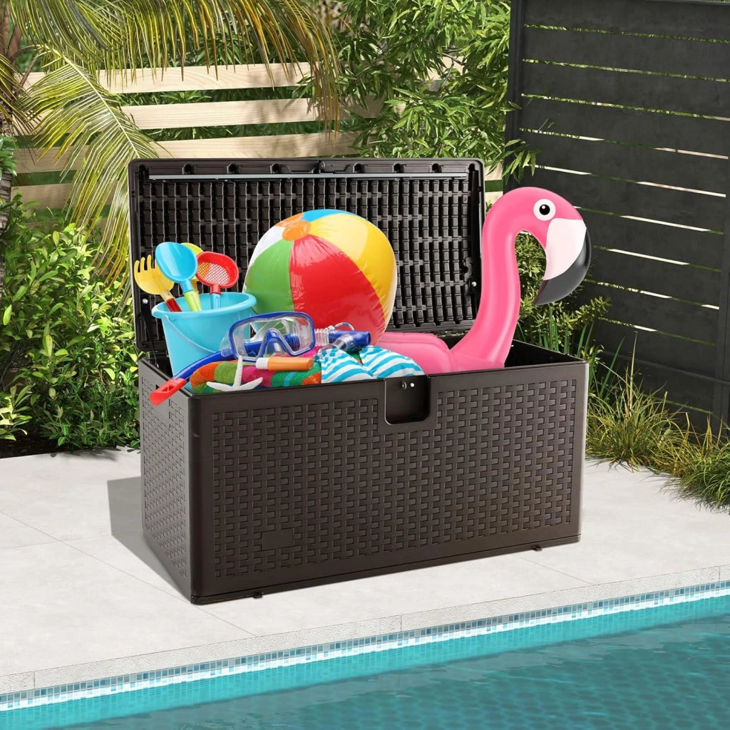 Cassapanca Per Esterni in Metallo e PE Rattan, Contenitore Impermeabile da 276 L, con Chiusura a Chiave, 114 x 54 x 56 cm, Marrone
