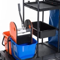 Carrello Pulizie Professionale a 3 Ripiani con Sacco per Immondizia, Ganci per Scopa, Secchio Lavapavimenti con Strizzatore per Mocio e 5 Ruote, per Hotel e Albergo, 111x63.3x103 cm, Nero