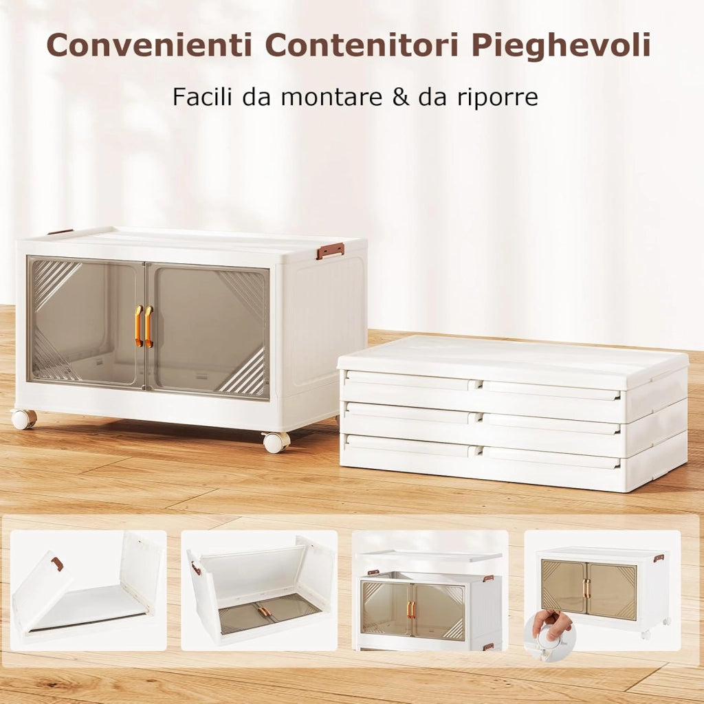 Contenitori da Stoccaggio Pieghevoli con Coperchio da 213/284 L, Scatole Impilabili a 3/4 Piani con Ruote, Organizzatore Pieghevole con Porte per Camera da Letto Soggiorno (65 x 39 x 142 cm)