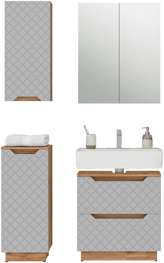 Set di mobili da bagno Lotta, Rovere/grigio con struttura in piastrelle, 4 parti