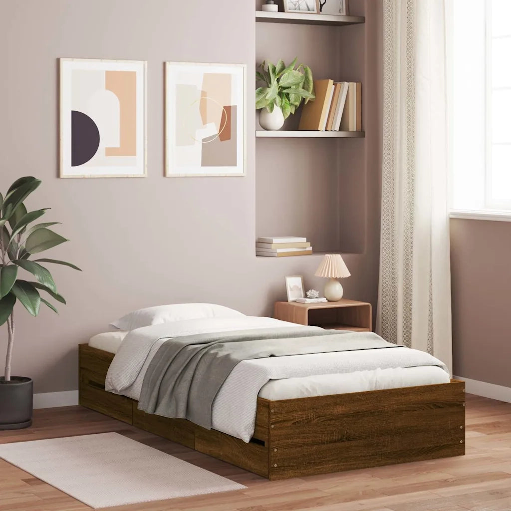 Letto singolo | Letto per adulti | Giroletto Cassetti Rovere Marrone 90x200 cm Legno Multistrato