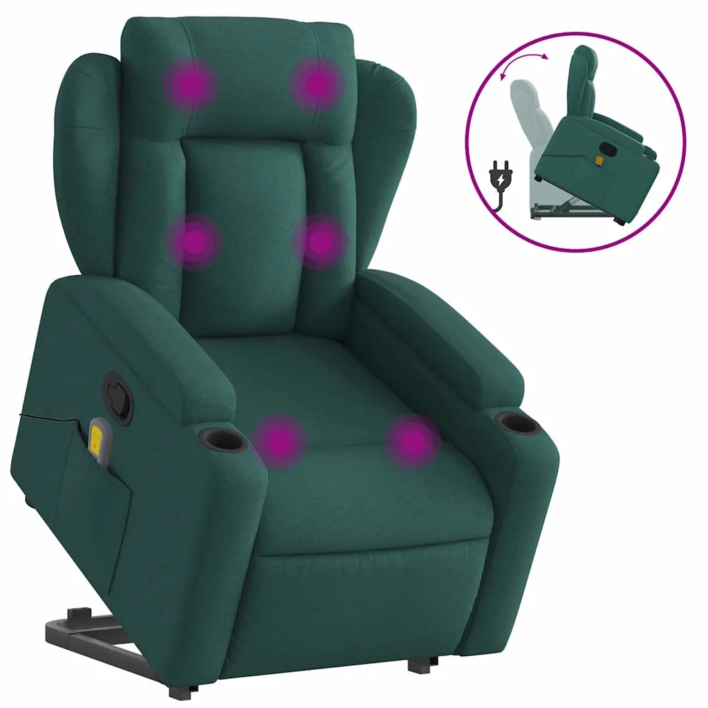 Poltrona Alzapersona Massaggiante | Sedia Relax Verde Scuro in Tessuto