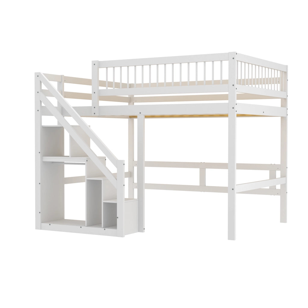 OKWISH Letto a soppalco 140×200 cm, Letto Matrimoniale con Scala con Armadietti, Sponda Alta e Contenitori, senza Materasso, Bianco