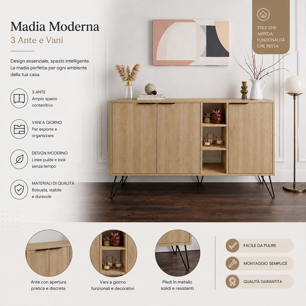 Madia Moderna Credenza con 3 Ante e Vani a Giorno 142x83 cm Zaffiro di Quercia