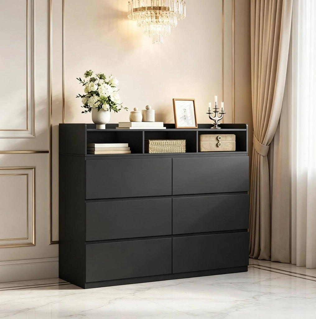 Cassettiera 4 livelli con 6 cassetti e 3 vani aperti 120x40x100 cm nera