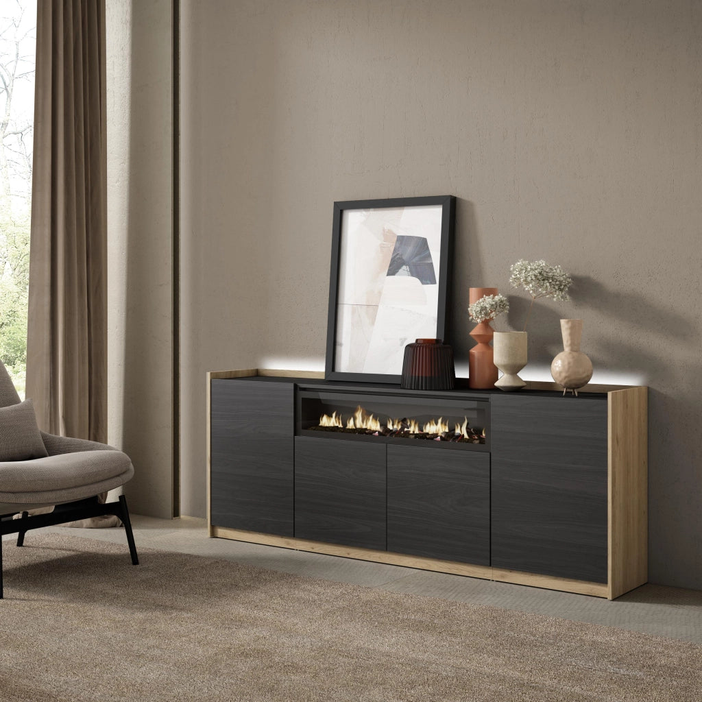 Credenza, Mobile, Cucina, 207x80x37 cm, 4 Porte, Camino elettrico, LED, Nero e rovere