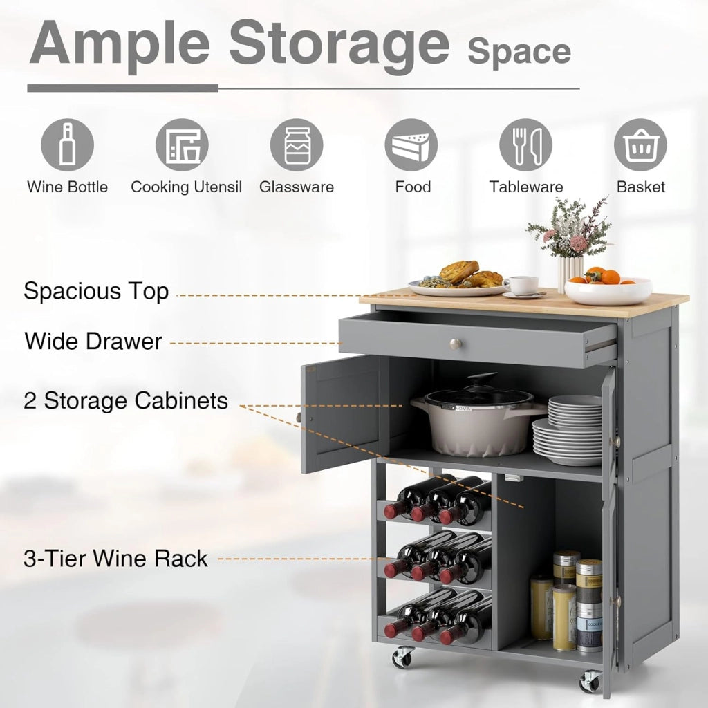 Carrello da cucina mobile con cassetto, porte e ripiani per bottiglie, isola di cucina con ruote e coperchio in legno di gomma, 67 x 37 x 86 cm, mobile di stoccaggio per sala da pranzo (grigio