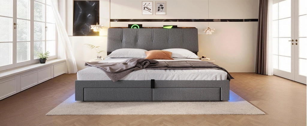 DESMIU Lit con contenitore 180 × 200 cm 2 posti con USB, Type-C, LED e vano idraulico, senza materasso, grigio