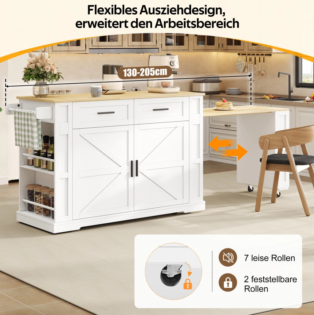 Isola cucina mobile con piano estraibile 130/205 x 50 x 93 cm; MDF; naturale e bianco