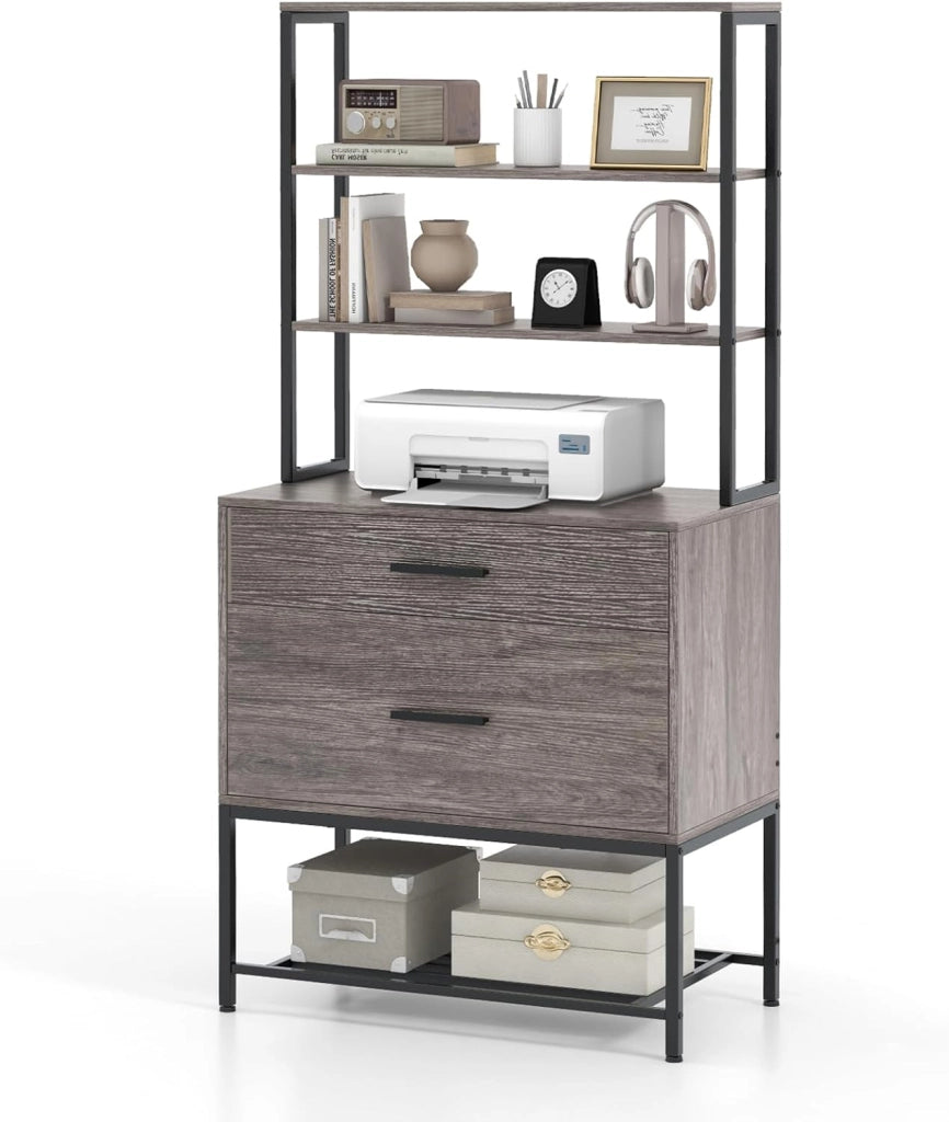 Libreria Scaffale con 2 Cassetti, Mobile di Stoccaggio con Dispositivo Antiribaltamento, Armadietto per Soggiorno, Ufficio, Camero da Letto, 75 x 40 x 156 cm (Grigio)