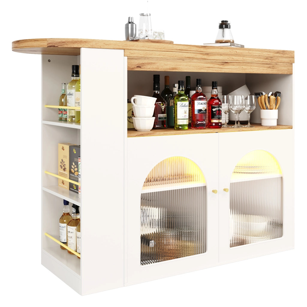 OKWISH Tavolo Estensibile con Ripiani Portaoggetti, Rotazione 360 e LED, per Sala da Pranzo, MDF, Bianco, 138-193 x 39 x 105 cm