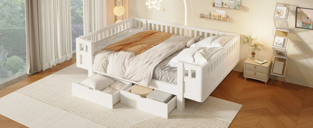 Letto a piattaforma per cameretta con spondine alte e due cassetti, in legno massiccio e MDF bianco 140 × 200 cm