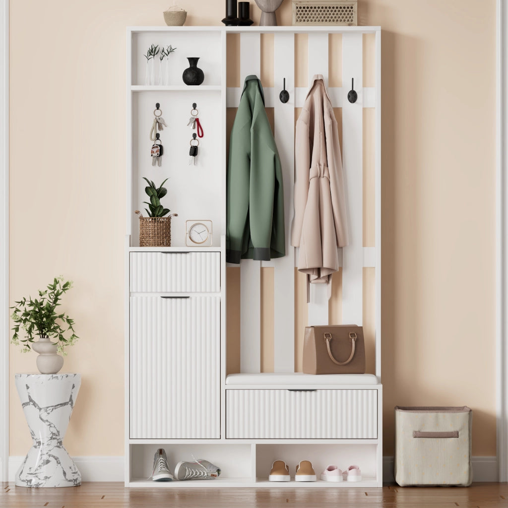 Mobile da Ingresso con 8 Ganci; 2 Cassetti; 1 Armadio; 4 Vani Aperti e Panchina per Scarpe; in Truciolare; 100 × 30 × 180 cm; Bianco