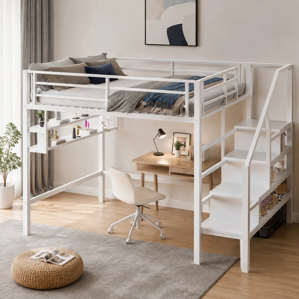 LETTO A CASTELLO 140x200 cm in metallo e MDF bianco con ripiani e scala contenitore