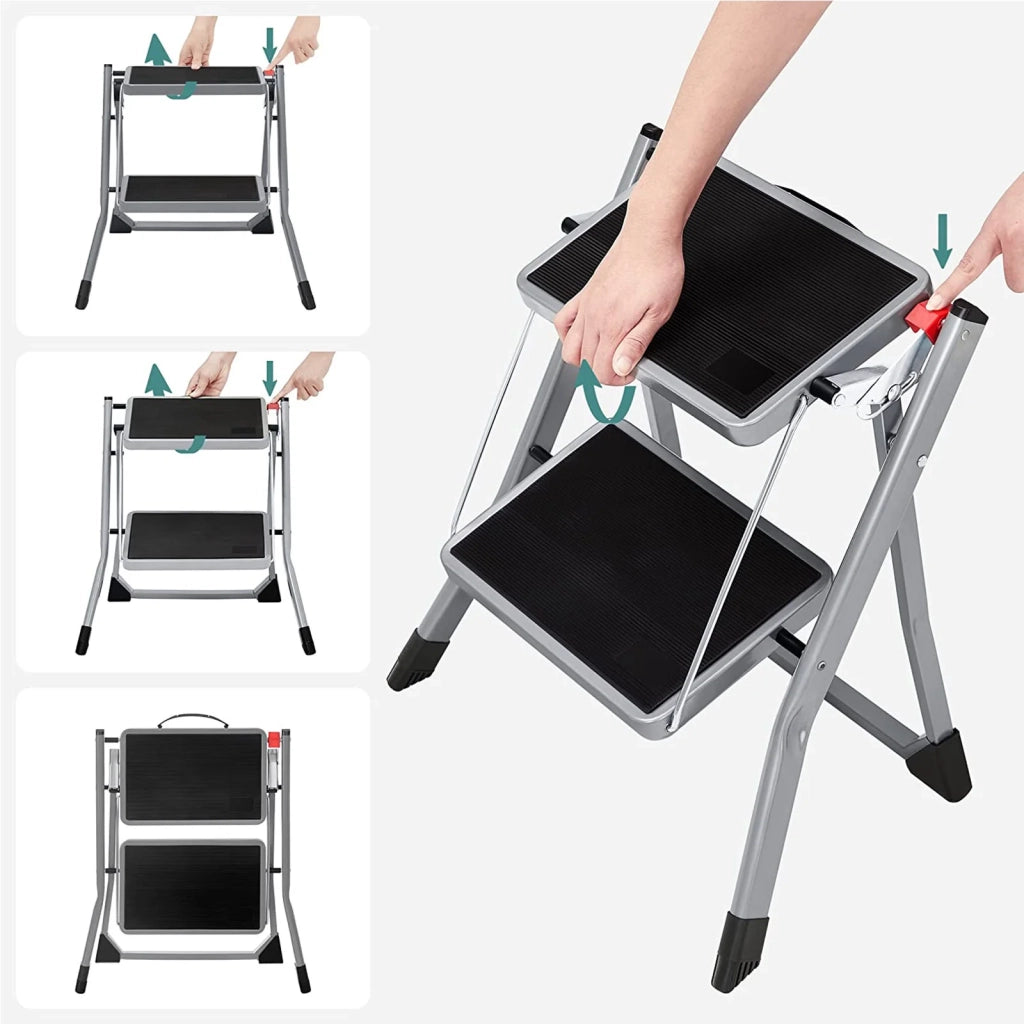 Sgabello pieghevole a 2 gradini larghezza gradino 20 cm gomma antiscivolo con maniglia portata 150 kg acciaio grigio 12_0005437