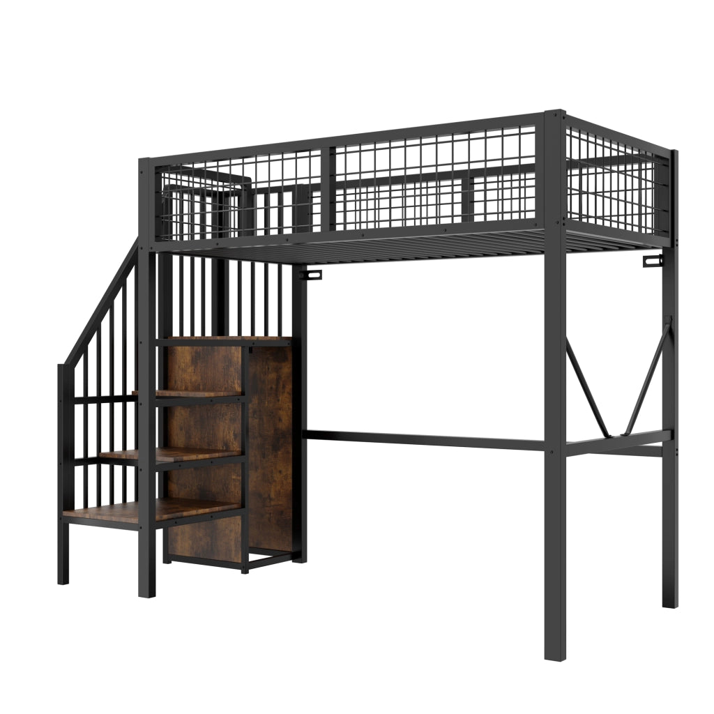 Letto a soppalco 90 × 200 cm 1 posto con scala contenitore, LED e barriera, senza materasso, nero