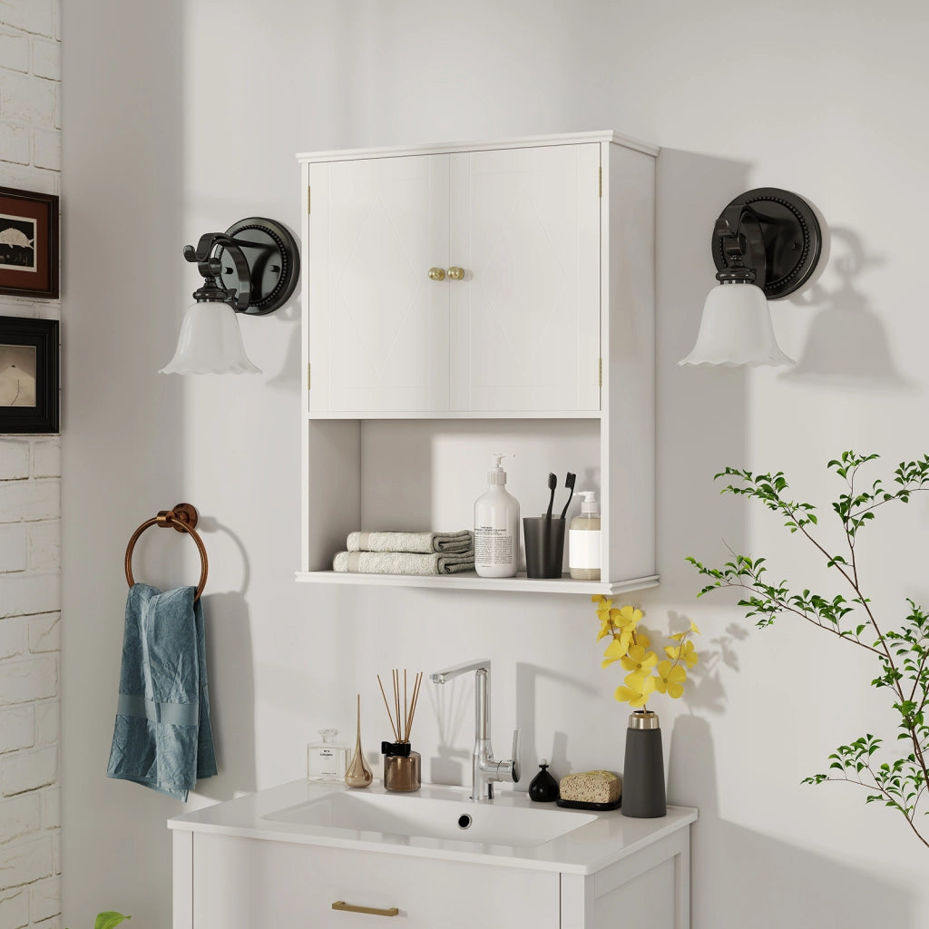 Armadietto muro bagno medico 2 ante ripiano aperto regolabile, Armadietto organizer salvaspazio sopra water lavanderia cucina Bianco