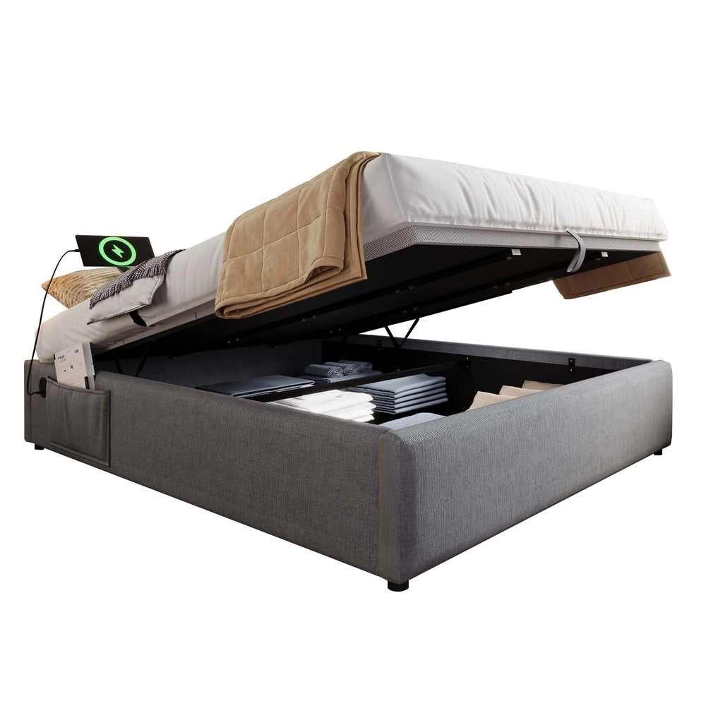 Letto Contenitore Matrimoniale Imbottito 160x200 ¨C Xylo ¨C Grigio, Tessuto, Rete a Doghe, USB