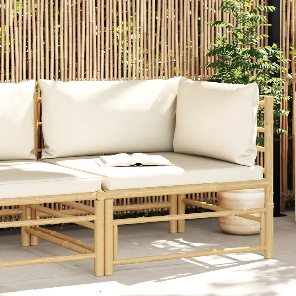 Divano Angolare da Giardino con Cuscini Bianco Crema in Bambù