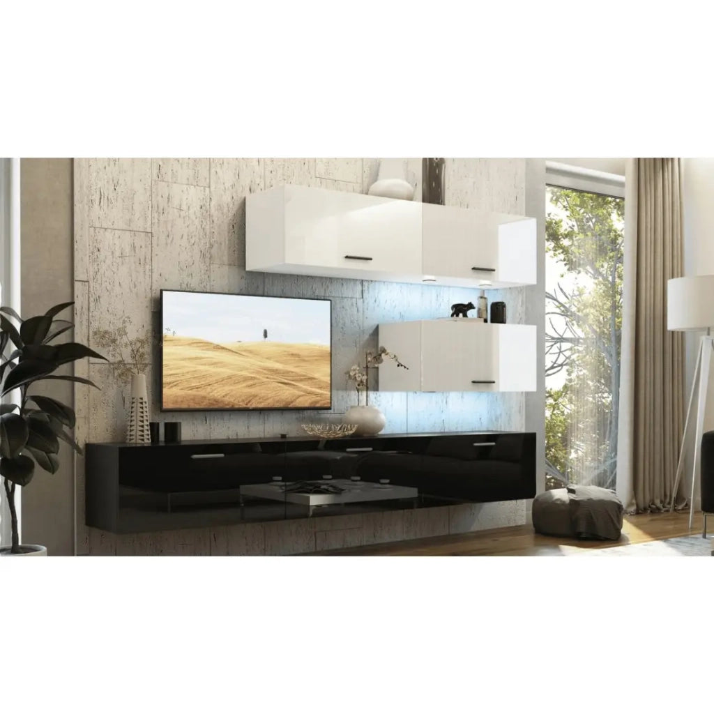 Set di mobili da soggiorno bianco e nero, sospesi collezione CEPTO XXV. 249cm, 6 pezzi, con LED, modulari.